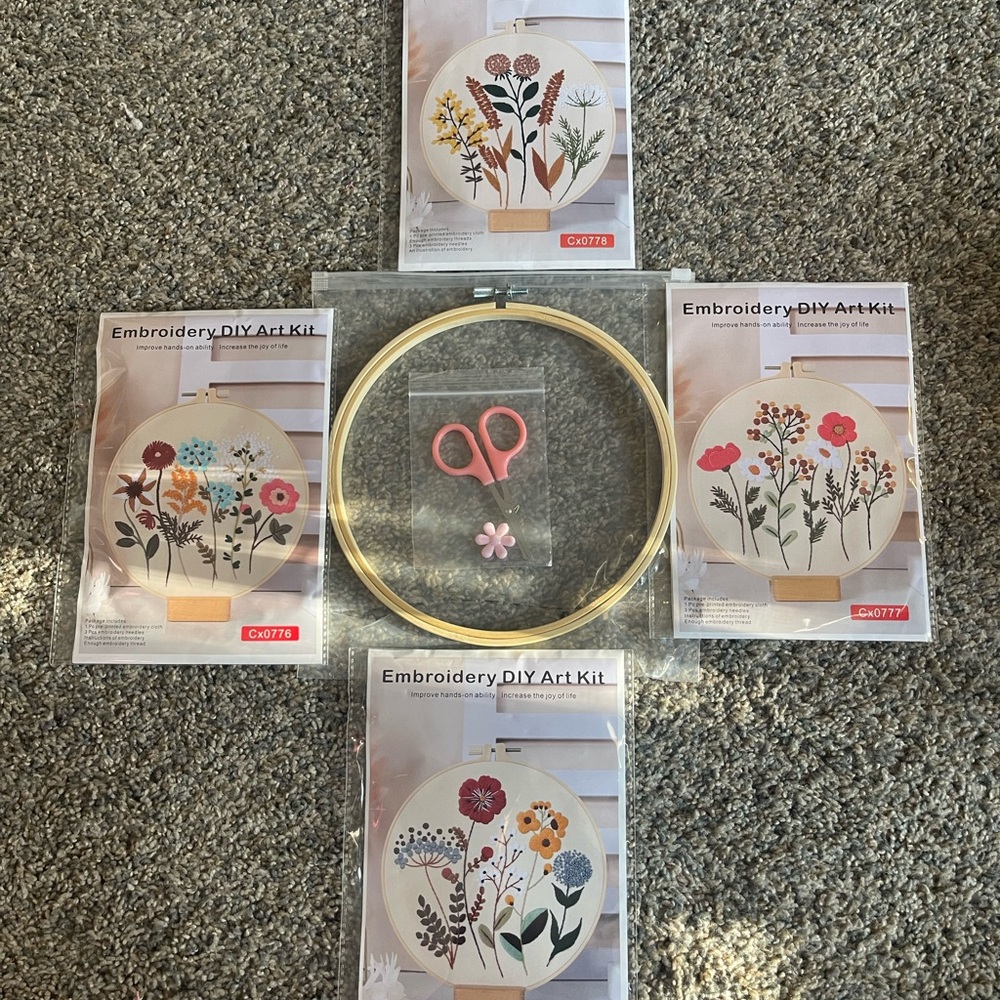 Floral Embroidery DIY Art Kit Set - 4 different embroidery kits